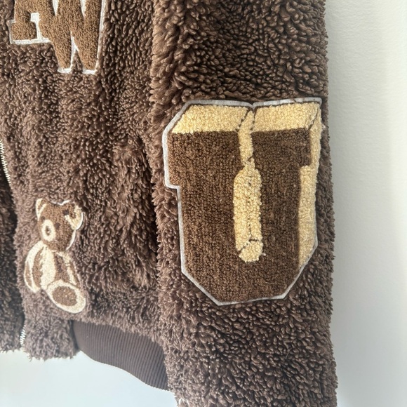 Azalea Wang Ruela Brown Teddy Varsity Bomber Jacket Fleece Sherpa Cropped - Picture 9 of 14